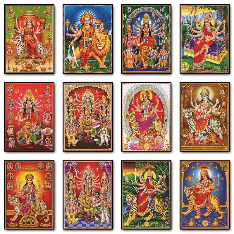 Home Decor Indonesia - ภาพวาดผ้าใบเทพีดูร์กาแบบวินเทจ ศิลปะตกแต่งผนัง ภาพพิมพ์สำหรับตกแต่งห้องนั่งเล่นและบ้าน