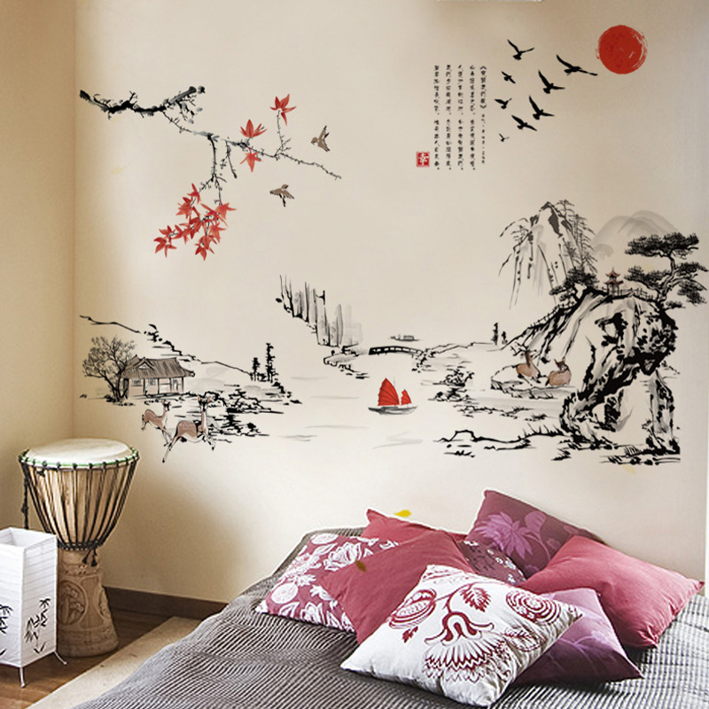 Home Decor Indonesia - สไตล์จีนภาพวาดหมึกศิลปะภูมิทัศน์สติ๊กเกอร์ติดผนังห้องนั่งเล่นห้องนอนพื้นหลังสำหรับตกแต่งบ้านภาพจิตรกรรมฝาผนังสติ๊กเกอร์วอลล์เปเปอร์
