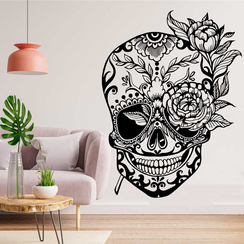 Home Decor Y2K - Day Of The Dead กะโหลกศีรษะน้ำตาลไวนิลรูปลอกติดผนังน้ำตาลสติ๊กเกอร์ลายหัวกะโหลกน้ำตาลกะโหลกศีรษะเม็กซิกันบ้านตกแต่งห้องนอนห้องนั่งเล่นภาพจิตรกรรมฝาผนัง4