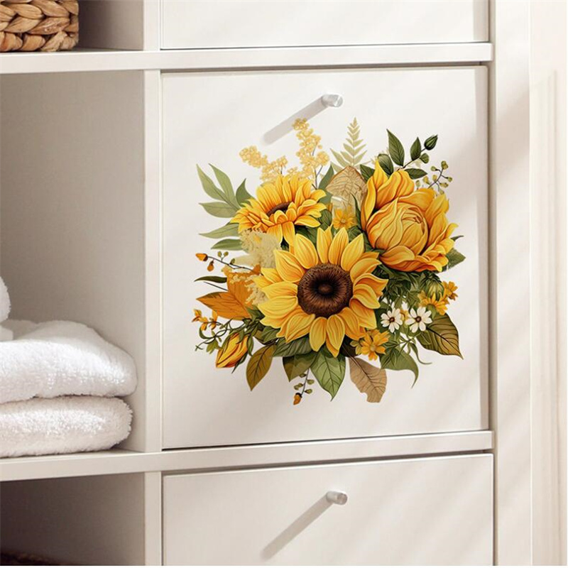 Home Decor Indonesia - Self-กาวสีเหลืองดอกทานตะวันดอกไม้สติ๊กเกอร์ติดผนังสําหรับห้องนอนห้องนั่งเล่นตู้ตกแต่งตกแต่งขายส่ง