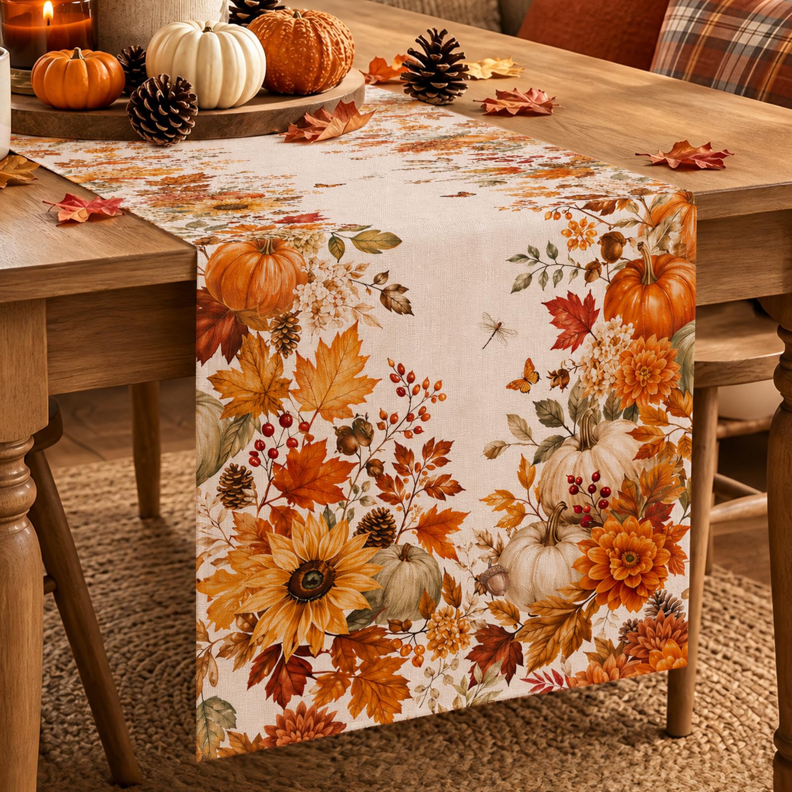 Linen Table Runner - ผ้าปูโต๊ะลายดอกทานตะวัน ฟักทอง และใบเมเปิลสำหรับฤดูใบไม้ร่วง ตกแต่งโต๊ะอาหารสไตล์ฟาร์มเฮาส์สำหรับเทศกาลขอบคุณพระเจ้า