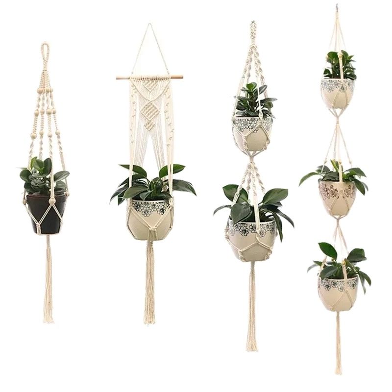 Rattan Plant Basket - แขวน Handmade Macrame ไม้แขวนเสื้อดอกไม้หม้อ Planter Hanger