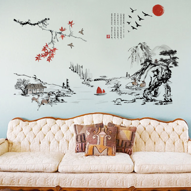 สไตล์จีนภาพวาดหมึกศิลปะภูมิทัศ - Home Decor Indonesia บทวิจารณ์และราคา